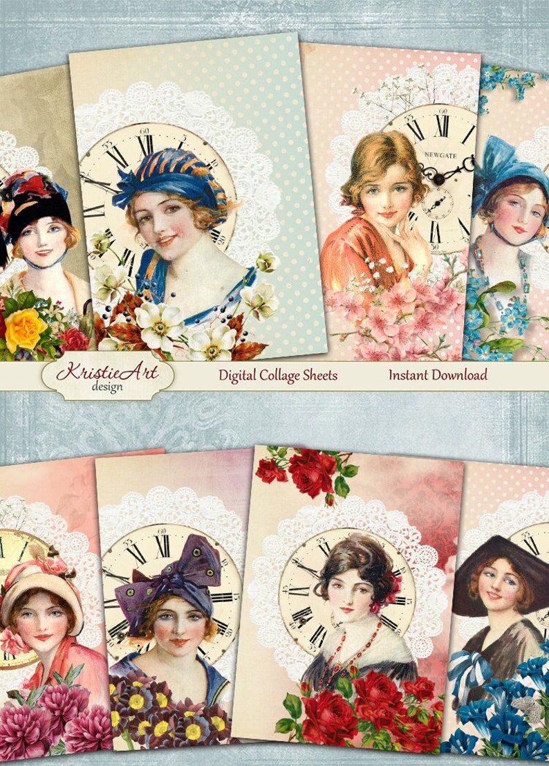 Op de afbeelding: Digitale collage-sheet met vintage afbeeldingen van vrouwen met bloemmotieven en wijzerplaten. Op een van de wijzerplaten staat de tekst "NEWGATE".