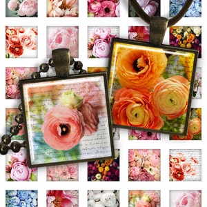 Digital Collage Sheets Peonies - 1 inch square size image for pendants glass cabochons charms resin digital image magnets image