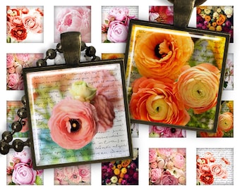 Digital Collage Sheets Peonies - 1 inch square size image for pendants glass cabochons charms resin digital image magnets image