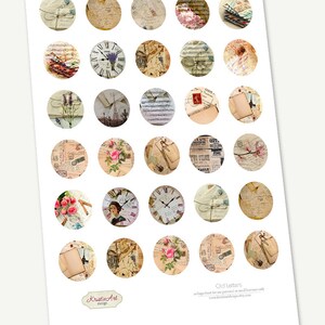 May include: A printable sheet of 36 vintage-style circles featuring images of old letters, clocks, and other ephemera. The sheet is titled "Old Letters" and is for personal or small business use only.
