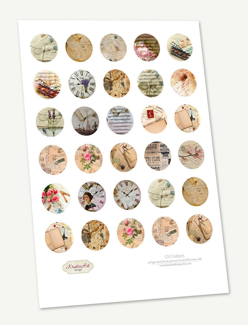 May include: A printable sheet of 36 vintage-style circles featuring images of old letters, clocks, and other ephemera. The sheet is titled "Old Letters" and is for personal or small business use only.