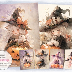 Stap in het verleden: Little Witch's Diary afdrukbare ATC-kaartencollectie, C290