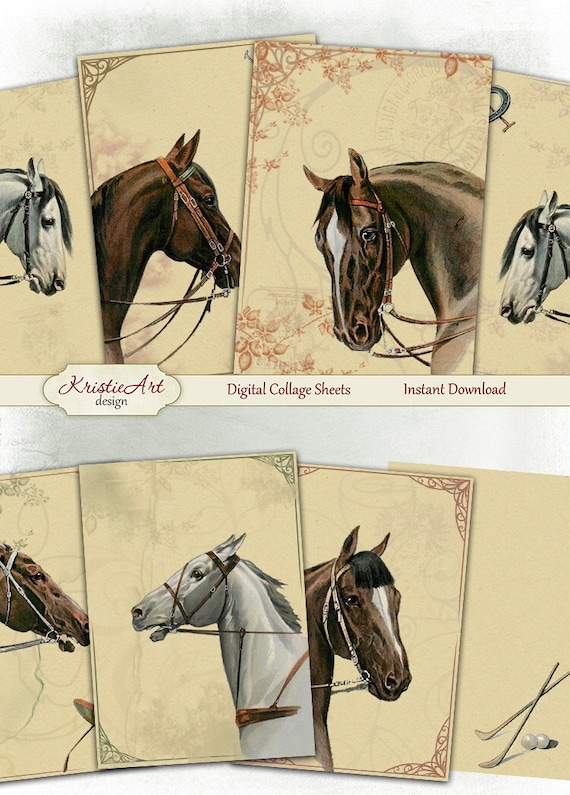 Noble horses - Digital Collage Sheet Digital Cards C169 Printable Download Image Tags Horse Retro Atc Cards ACEO Animals Cards