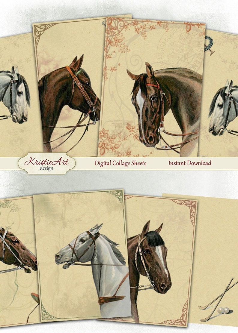 May include: Six digital collage sheets featuring vintage illustrations of horses wearing bridles. The images are on a cream background with a decorative border.