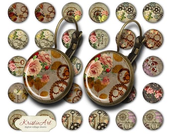 Steampunk bloemen - 18 mm, 16 mm, 14 mm, 12 mm, 10 mm cirkels digitale collagebladen E-022 afdrukbare retro oorbel, ringen, sieraden