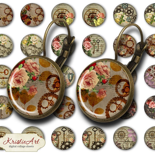 Steampunk Flowers - 18mm, 16mm, 14mm, 12mm, 10mm Circles Digital Collage Sheets E-022 Printable Retro Earring, Rings, Jewelry