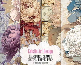May include: A digital paper pack with 17 printable elements featuring floral designs. The pack includes a variety of floral patterns with different colors and styles, including a purple flower, a white flower, and a blue flower. The text "Kristie Art Design" and "Blooming Beauty Digital Paper Pack" is included in the image.