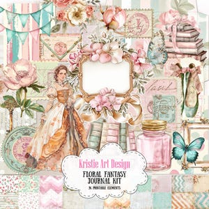 Kit de papel digital Floral Fantasy: Flores caprichosas para diarios basura - 96 piezas, NP029, paquete de papel Shabby Chic imprimible
