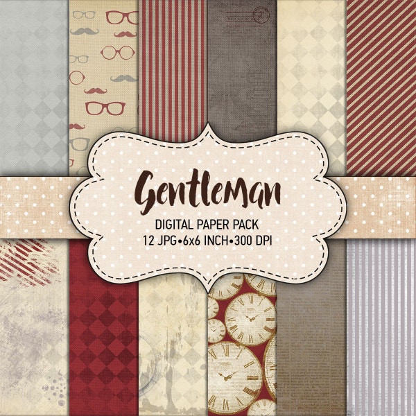 Digital paper pack "Gentleman" - Printable paper pack sheets 6x6 inch Digital Background Paper 15x15 scrapbook paper for man