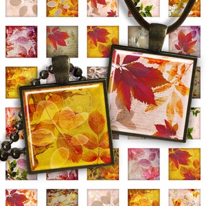 May include: A digital collage sheet with 16 square images of autumn leaves in various shades of red, orange, and yellow. The leaves are arranged in a grid pattern and have a vintage, rustic look. The images are perfect for crafting, scrapbooking, and other creative projects.