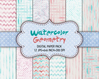 Digital paper pack "Watercolor Geometry" - Printable paper pack sheets 6x6 inch Digital Background Paper 15x15 scrapbook