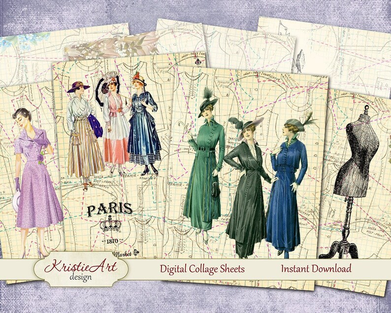 May include: Digital collage sheets featuring vintage illustrations of women in dresses and hats, with a background of sewing patterns and the text "Paris 1870".