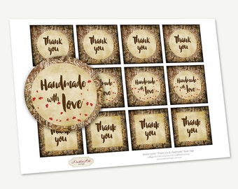 Printable Favor Tags "Thank you&Handmade" Brown Swirls, Printable Thank You Tag, Cupcake Toppers, Printable Supplies, Stickers