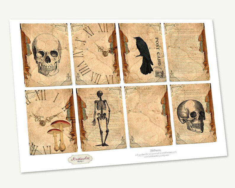 May include: Set of eight vintage-style printable Halloween scrapbook paper featuring skulls, a skeleton, a clock, a raven, and a post card. The paper has a distressed, aged look.