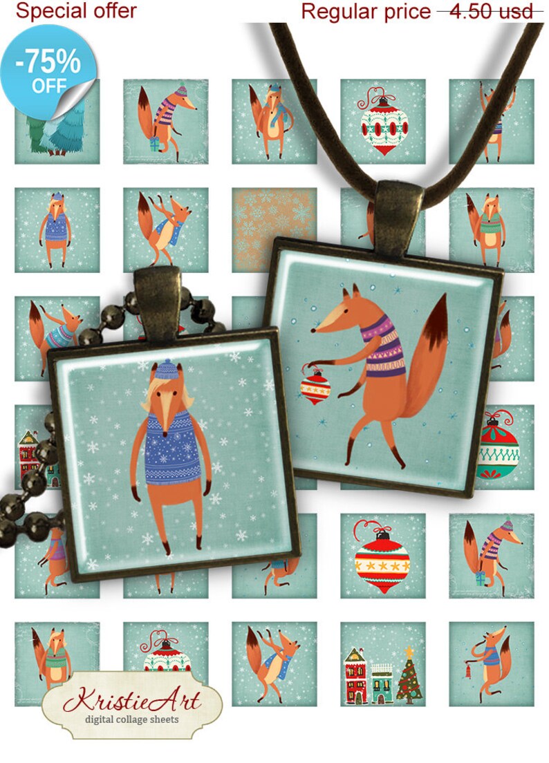 Square Pendant Image PS024 digital printable square 1 inch Christmas image 25mm pendants glass charms resin magnet 75/% OFF SALE Winter Fox