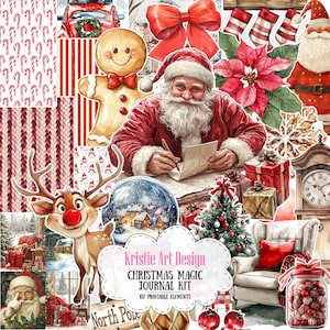 Kit de diario mágico navideño: efímera festiva, paquete de papel imprimible para Navidad, decoración navideña, 107 piezas, NP040