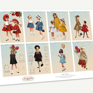 May include: A set of nine vintage paper dolls with different outfits and accessories. The dolls are dressed in various styles, including dresses, coats, and hats. The paper dolls are perfect for imaginative play and are a great way to add a touch of nostalgia to any room.