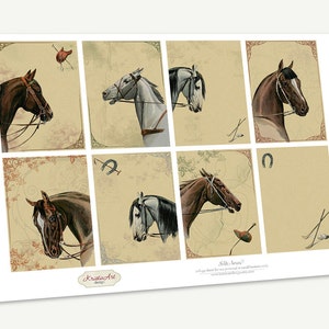 May include: Nine vintage-style cards featuring different horse head illustrations. Each card has a brown background with a decorative border and a small illustration of a horseshoe, riding crop, or riding helmet.