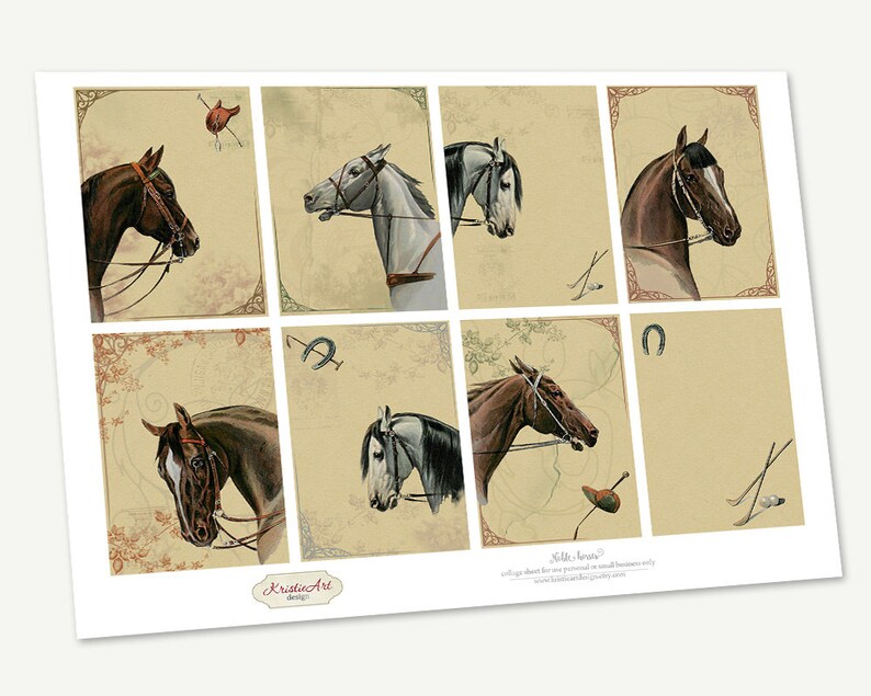 May include: Nine vintage-style cards featuring different horse head illustrations. Each card has a brown background with a decorative border and a small illustration of a horseshoe, riding crop, or riding helmet.