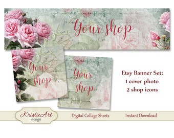 ETSY Shop Banner (Cover photo) + Shop Icons - Set #L005. Digital Roses Etsy Shop Banner Digital Collage Sheet Flowers Banner