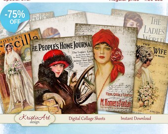 75% OFF SALE Digital Collage Sheet - Old Magazines Digital Cards C043 Greeting ATC Cards Printable download tags digital image cardmaking