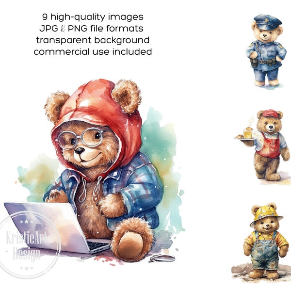 Cute Bear Profession Clipart - Fichiers PNG - Téléchargement numérique - Utilisation commerciale - Programmeur, Médecin, Astronaute, Pompier, Policier, CA010