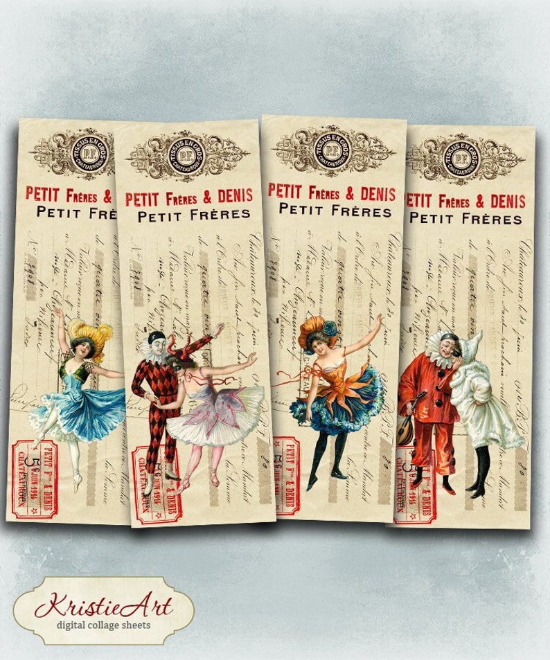 Peut inclure: Quatre billets d'&eacute;poque au style vintage avec un fond d&eacute;lav&eacute; et des rayures noires et blanches. Chaque billet pr&eacute;sente une illustration diff&eacute;rente d'un artiste en costume. Le texte sur les billets indique "Petit Freres & Denis" et "Chateauroux".