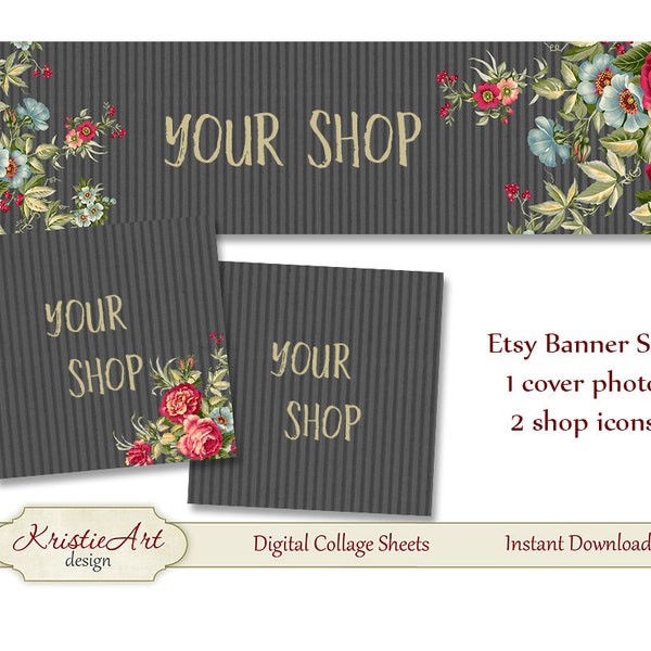 ETSY Shop Banner (Cover photo) + Shop Icons - Set #L006. Digital Flowers Etsy Shop Banner Digital Collage Sheet Roses Banner