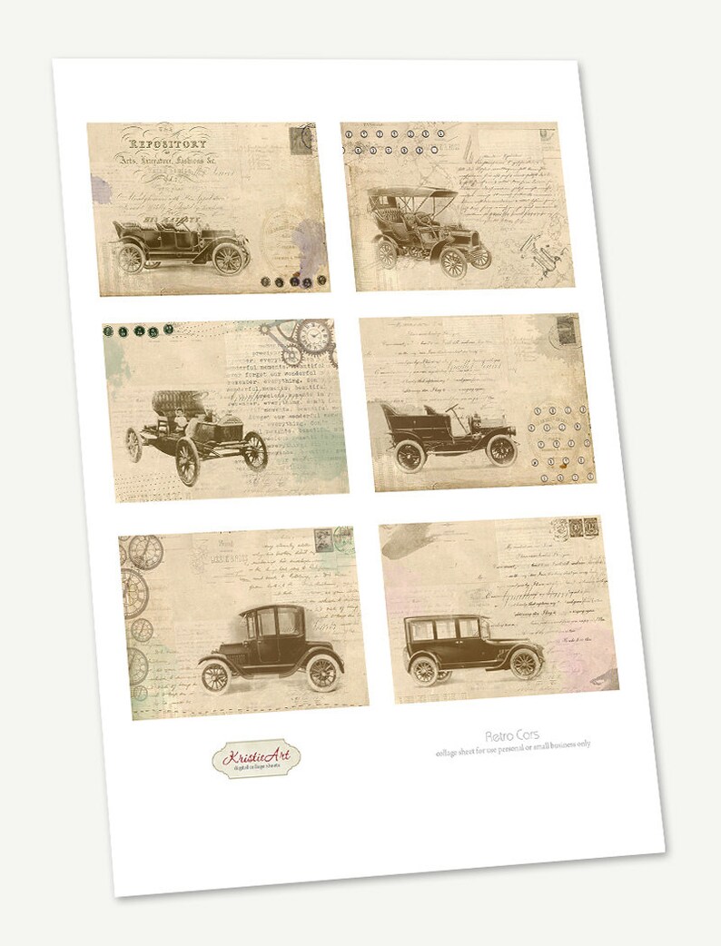 Printable Download Digital Collage Sheet Gift Tags Retro Greeting Card Vintage image paper atc cards scrapbook 75/% OFF SALE Retro Cars