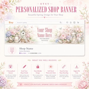 Könnte beinhalten: Etsy Shop Banner Design mit floralem Aquarellthema. Das Banner zeigt den Text "PERSONALIZED SHOP BANNER" und "Your Shop Name Here". Das Design umfasst ein Vogelhaus, Blumen und eine Laterne. Optimiert für Etsy Shop Branding.