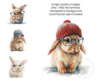 Hase mit Brille Clipart - Smart und Stylish Digital Bunnies für Einladungen, Grußkarten, Poster und mehr, CA007