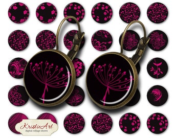 Magenta Flowers - 18mm, 16mm, 14mm, 12mm, 10mm Circles Digital Collage Sheets E-016 Printable Earring, Rings, Jewelry