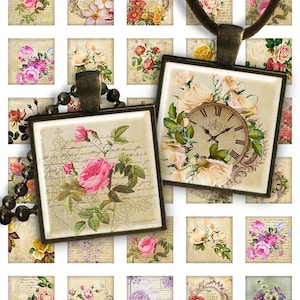 Feuille de collage numérique Fleurs monde 1,2 pouce, 1 pouce taille 25mm image carrée pour pendentifs carrés en verre charmes aimants en résine