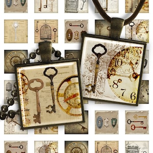 Digitale Collage Sheet Retro Keys - 1 inch vierkant formaat 30 mm 25mm 20mm afbeelding voor hangers glas cabochons charme harsmagneten