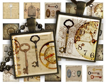 Digital Collage Sheet Retro Keys - 1 inch square size 30 mm 25mm 20mm image for pendants glass cabochons charm resin magnets