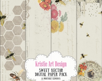 Sweet Nectar - NP004, Digital paper pack, Bees, Retro Paper Floral Paper, Beautiful printable paper pack, Insects Paper