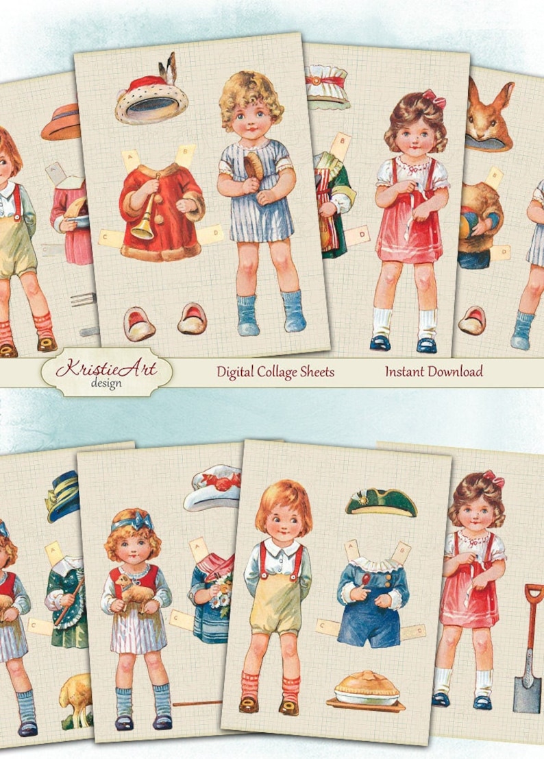 May include: A set of printable paper dolls with various outfits and accessories. The dolls are dressed in vintage clothing and have a whimsical, nostalgic feel. The set includes a boy and a girl doll, each with multiple clothing options and accessories.