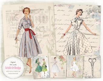 Histoires de couture - Cartes ATC couture chic et mode : ensemble d'images numériques, C294