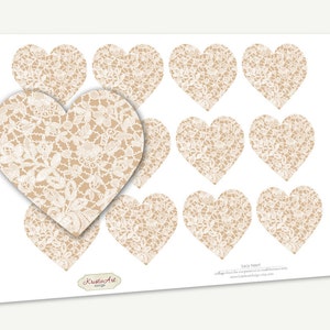 May include: A sheet of printable labels featuring 12 beige heart-shaped designs with a white lace pattern. The text "Etsy Instant" is at the bottom of the sheet.