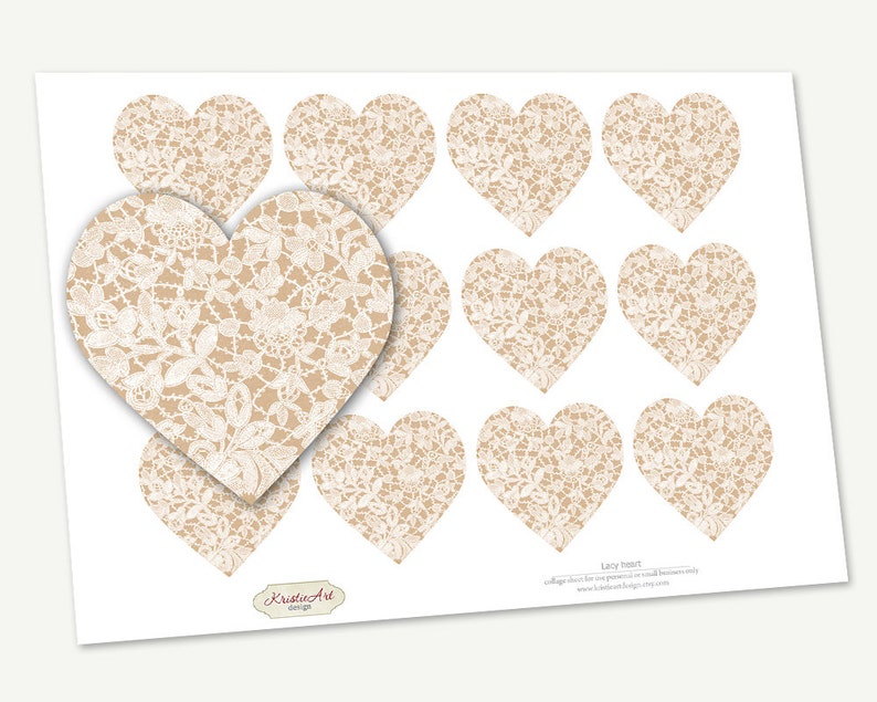 May include: A sheet of printable labels featuring 12 beige heart-shaped designs with a white lace pattern. The text "Etsy Instant" is at the bottom of the sheet.