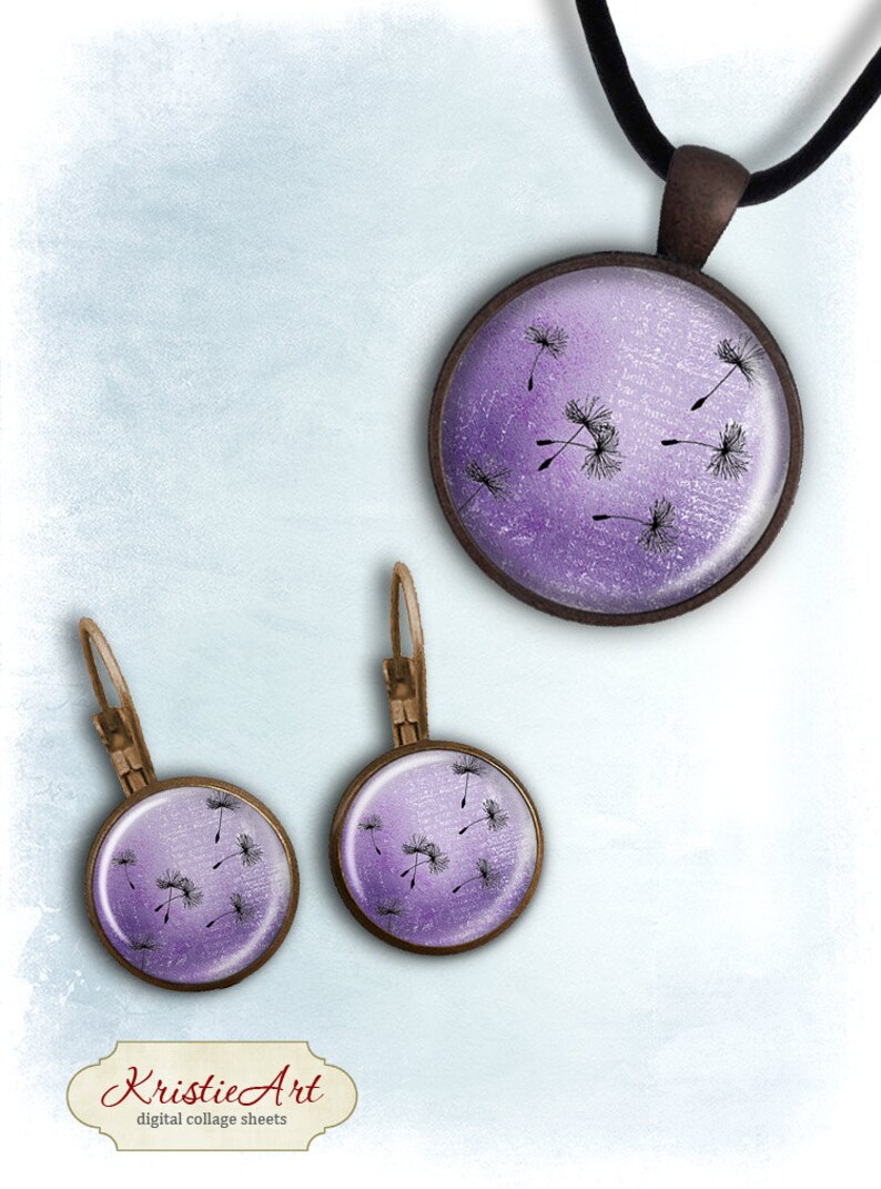 May include: A set of purple and silver jewelry featuring a necklace and earrings with a dandelion design. The necklace has a round pendant with a purple gradient and black dandelion seeds. The earrings are also round with a purple gradient and black dandelion seeds.