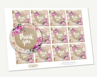 Favor Tags Printable "Thank you" Flowers, Printable Handmade, Cupcake Toppers, Printable Supplie, Sticker, INSTANT download