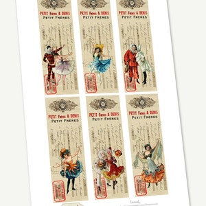 Peut inclure: Une feuille imprimable de six marque-pages de style vintage repr&eacute;sentant des danseurs et des artistes. Les marque-pages sont d&eacute;cor&eacute;s de bordures orn&eacute;es et de texte qui dit "Petit Fr&egrave;res & Denis Petit Fr&egrave;res".