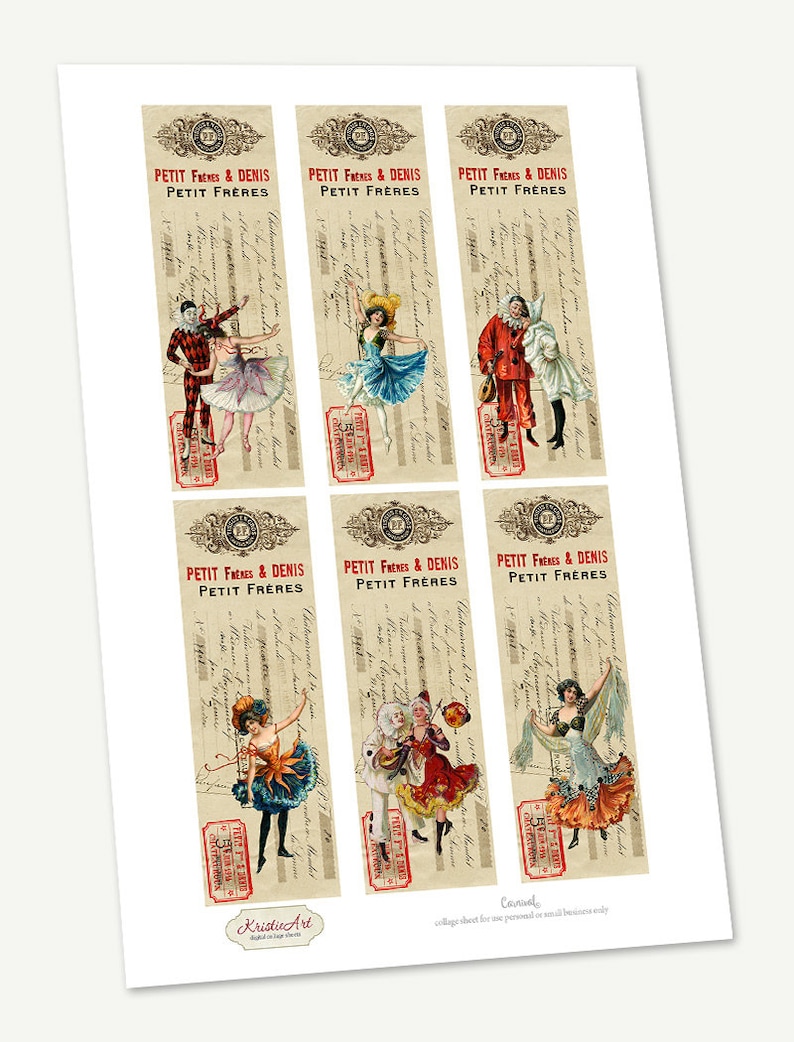 Peut inclure: Une feuille imprimable de six marque-pages de style vintage repr&eacute;sentant des danseurs et des artistes. Les marque-pages sont d&eacute;cor&eacute;s de bordures orn&eacute;es et de texte qui dit "Petit Fr&egrave;res & Denis Petit Fr&egrave;res".