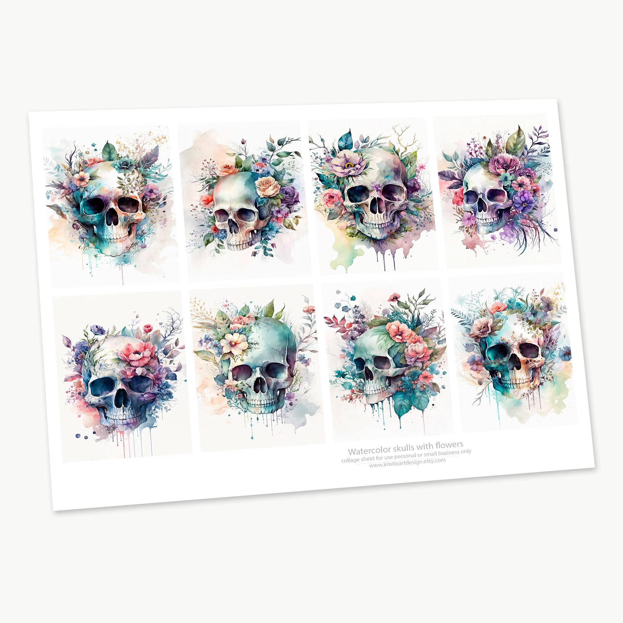 Watercolor Skull Printables Floral ATC Cards C269 - Etsy