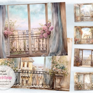 Charme européen intemporel : cartes ATC numériques avec vieilles fenêtres de balcon et fleurs printanières, C284