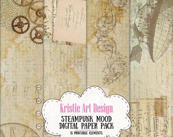 Steampunk Mood Digital Paper Pack - NP002, Retro Paper Floral Paper, Old paper printable paper pack, Scrapbook Paper