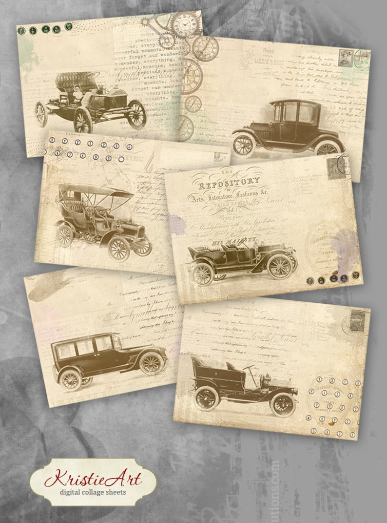 Printable Download Digital Collage Sheet Gift Tags Retro Greeting Card Vintage image paper atc cards scrapbook 75/% OFF SALE Retro Cars