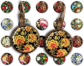 Volkskunst - 18mm, 16mm, 14mm, 12mm, 10mm Kreise Digital Collage Sheets E-007 Printable für Ohrringe, Ringe, Schmuckherstellung