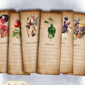 May include: Set of 7 vintage style printable digital collage sheets with images of a woman, a robin, Santa Claus, a woman in a green dress, a woman in a blue dress, a bunny and chicks, and a woman with an umbrella. Each sheet has a lined background and the month name printed at the bottom.